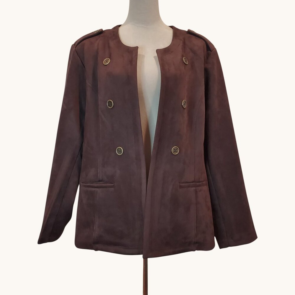 TAHARI WOMAN Faux Suede Blazer Open Front in Dark Brown